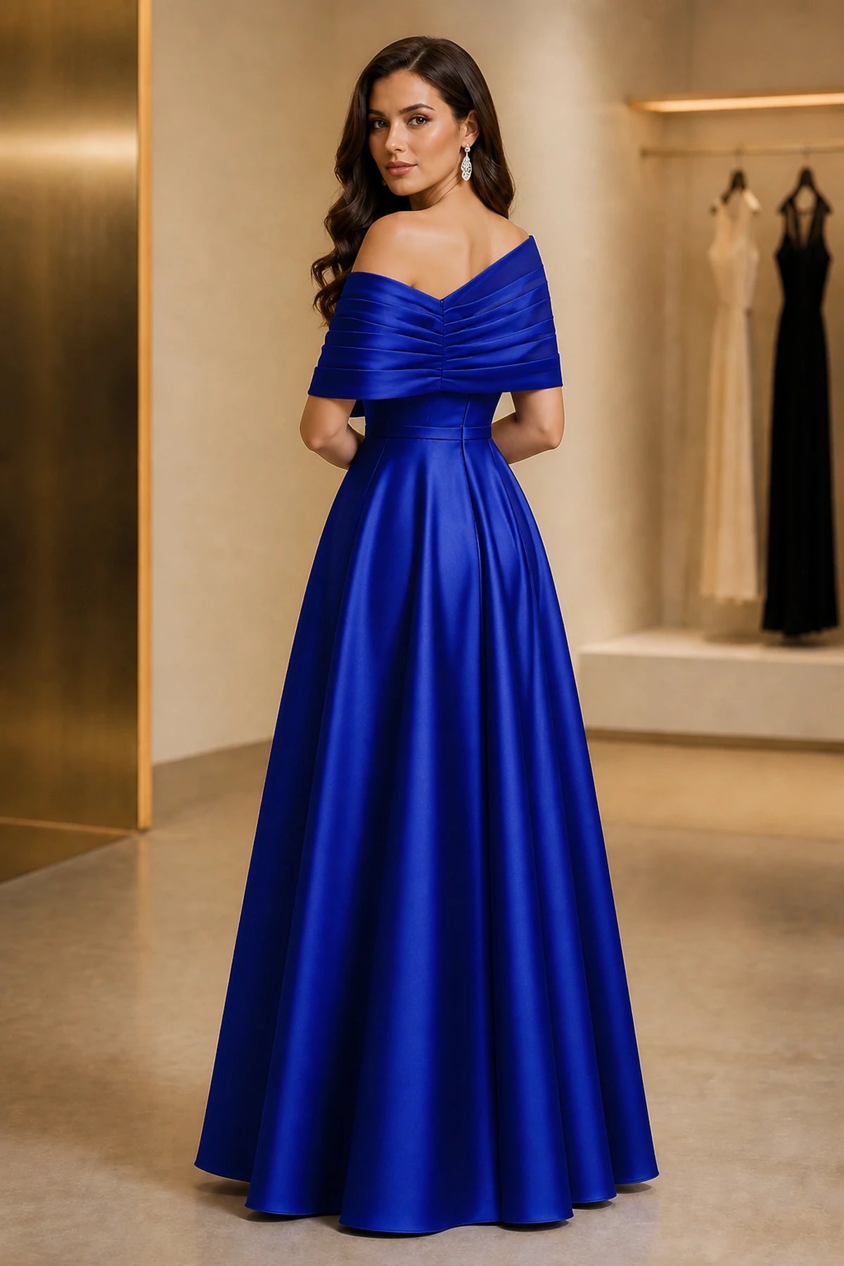 Royal blue A-line off shoulder Mother of the Bride Dress with ruched back and floor-length skirt by Vedress