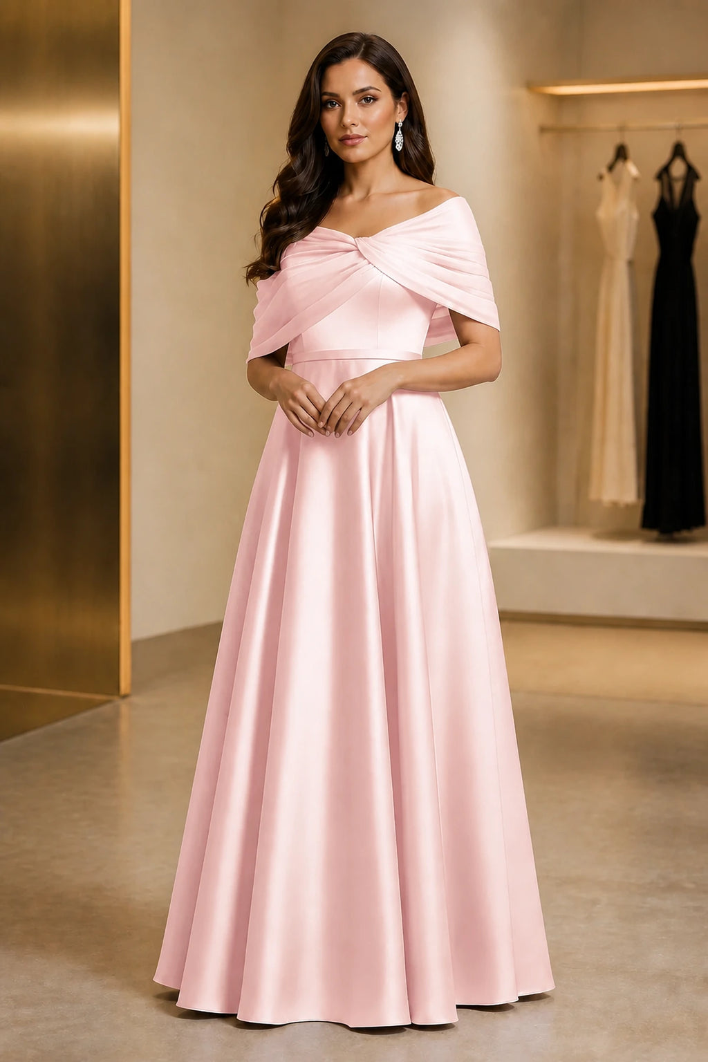 Regal A-Line Off Shoulder Short Sleeve Ruched Back Long Mother of the Bride Dress