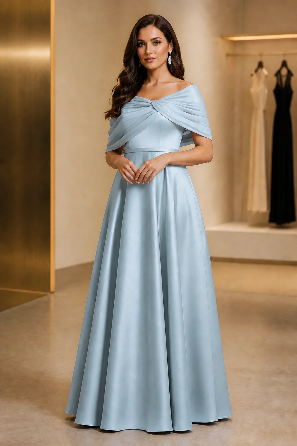Regal A-Line Off Shoulder Short Sleeve Ruched Back Long Mother of the Bride Dress