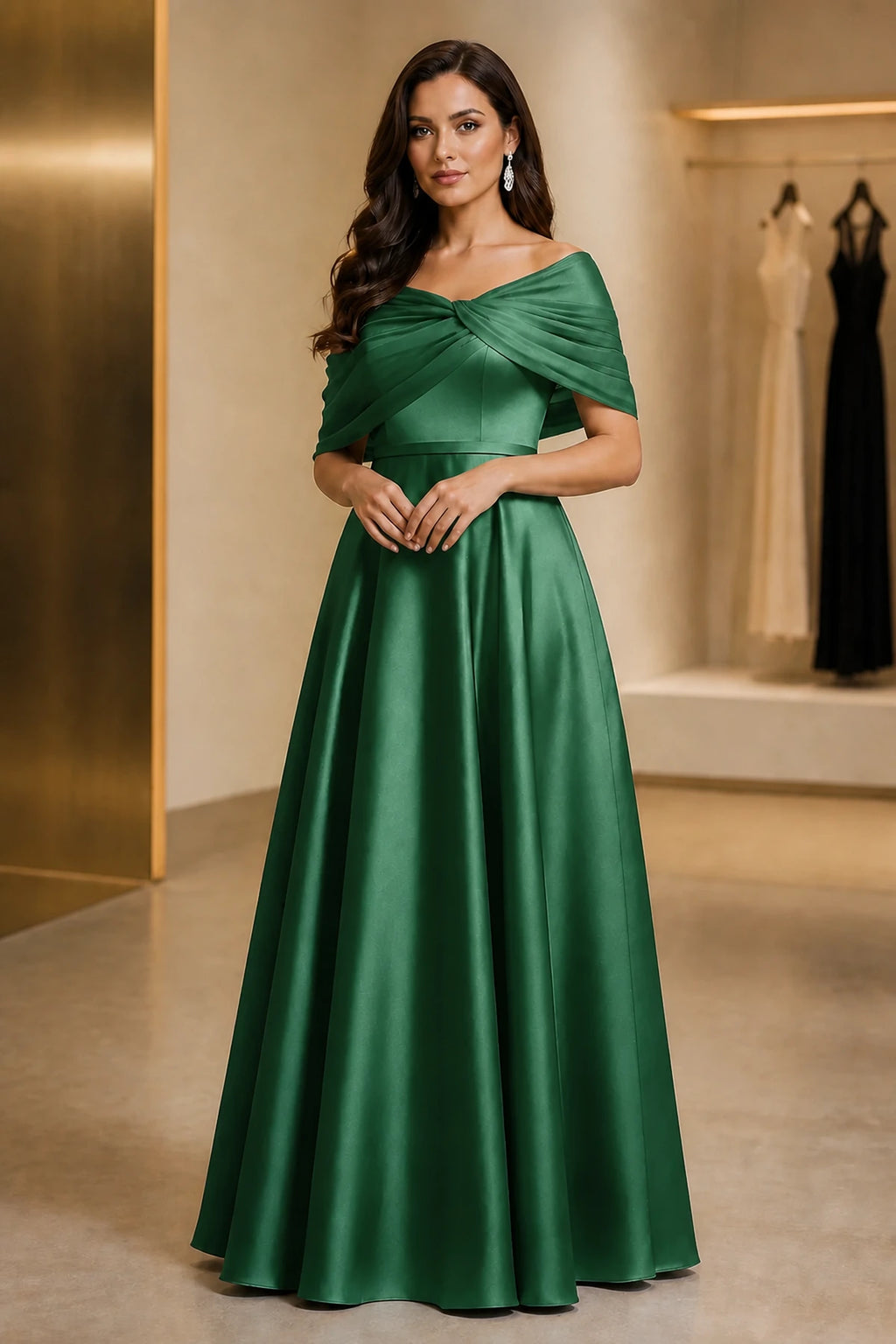Regal A-Line Off Shoulder Short Sleeve Ruched Back Long Mother of the Bride Dress
