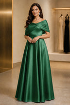Regal A-Line Off Shoulder Short Sleeve Ruched Back Long Mother of the Bride Dress