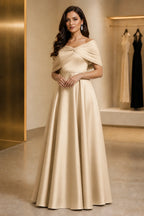 Regal A-Line Off Shoulder Short Sleeve Ruched Back Long Mother of the Bride Dress