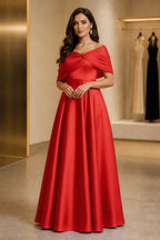 Regal A-Line Off Shoulder Short Sleeve Ruched Back Long Mother of the Bride Dress