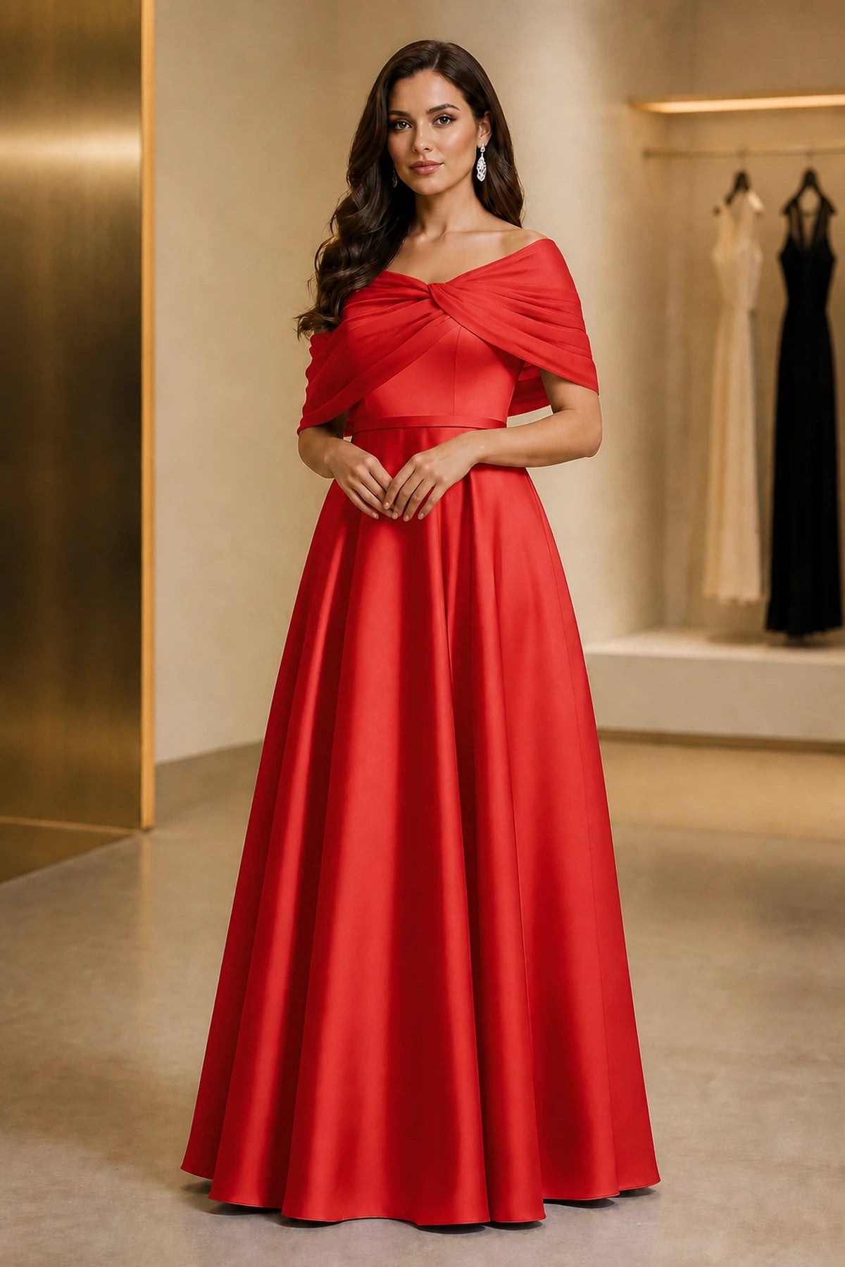 Regal A-Line Off Shoulder Short Sleeve Ruched Back Long Mother of the Bride Dress