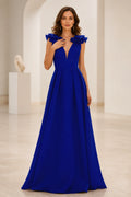 Royal blue A-line prom dress with deep V-neck, ruffle shoulder sleeves, fitted waist and V-back, front and back view