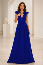Royal blue A-line prom dress with deep V-neck, ruffle shoulder sleeves, fitted waist and V-back, front and back view