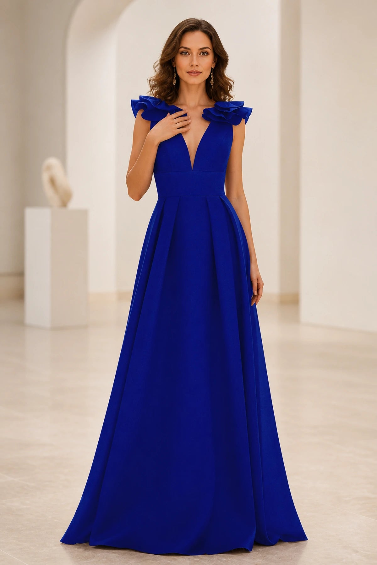 Royal blue A-line prom dress with deep V-neck, ruffle shoulder sleeves, fitted waist and V-back, front and back view
