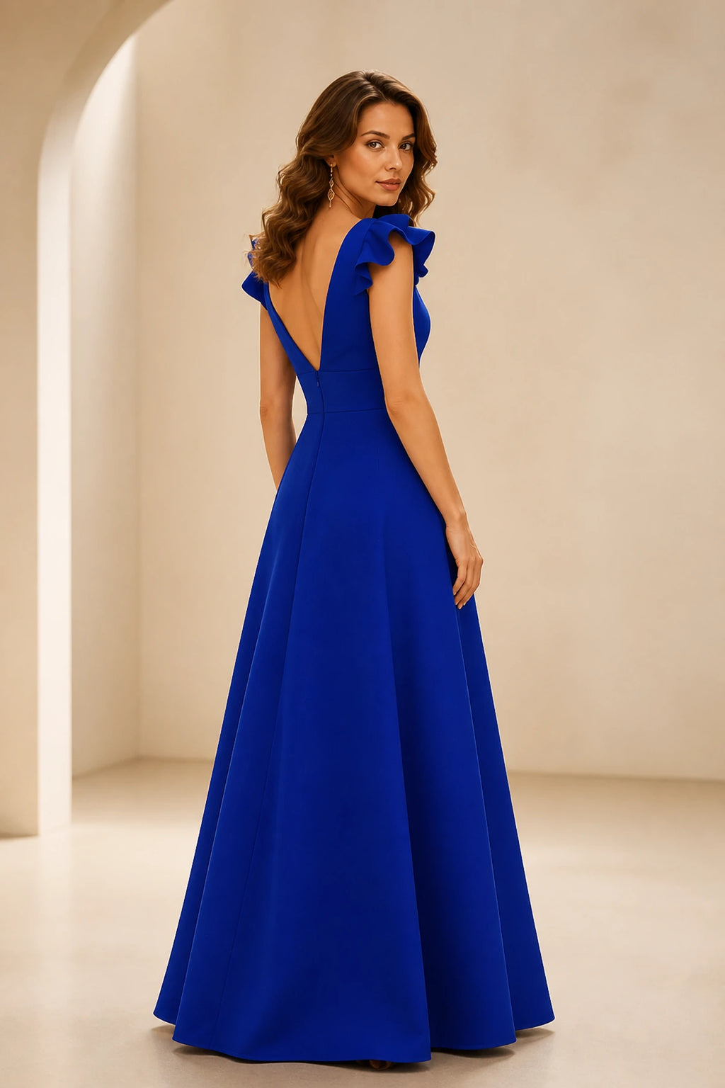 Royal blue A-line prom dress with deep V-neck, ruffle shoulder sleeves, fitted waist and V-back, front and back view