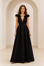 Radiant A Line Plunging V Neck Ruffle Sleeve V Back Long Prom Dress