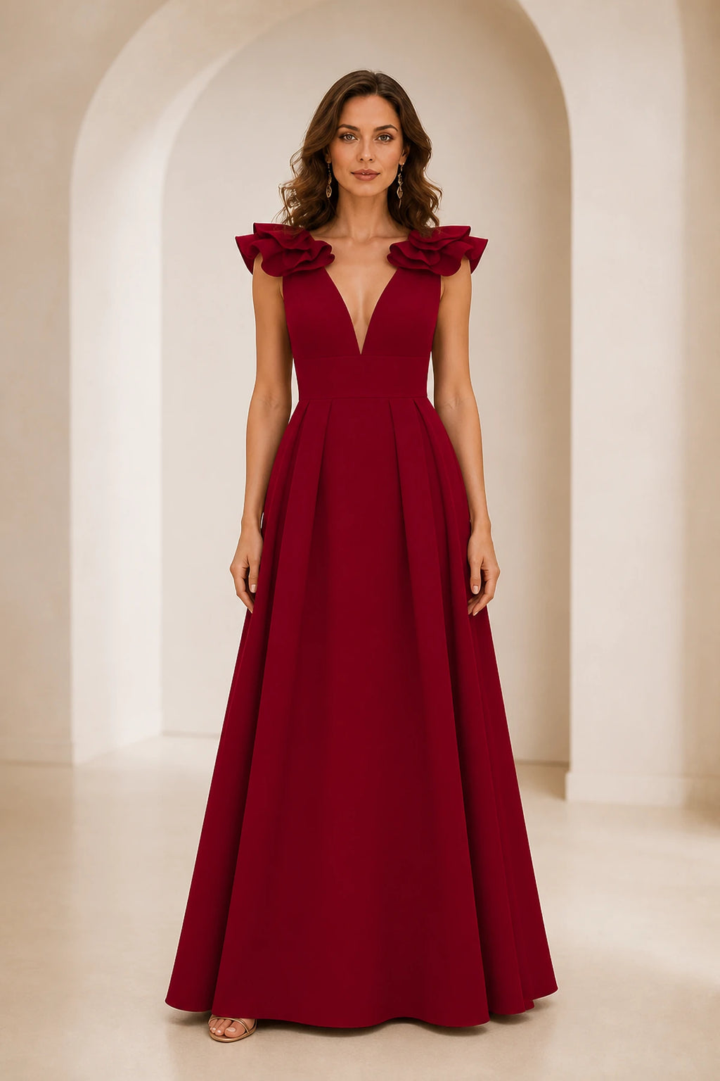 Radiant A Line Plunging V Neck Ruffle Sleeve V Back Long Prom Dress