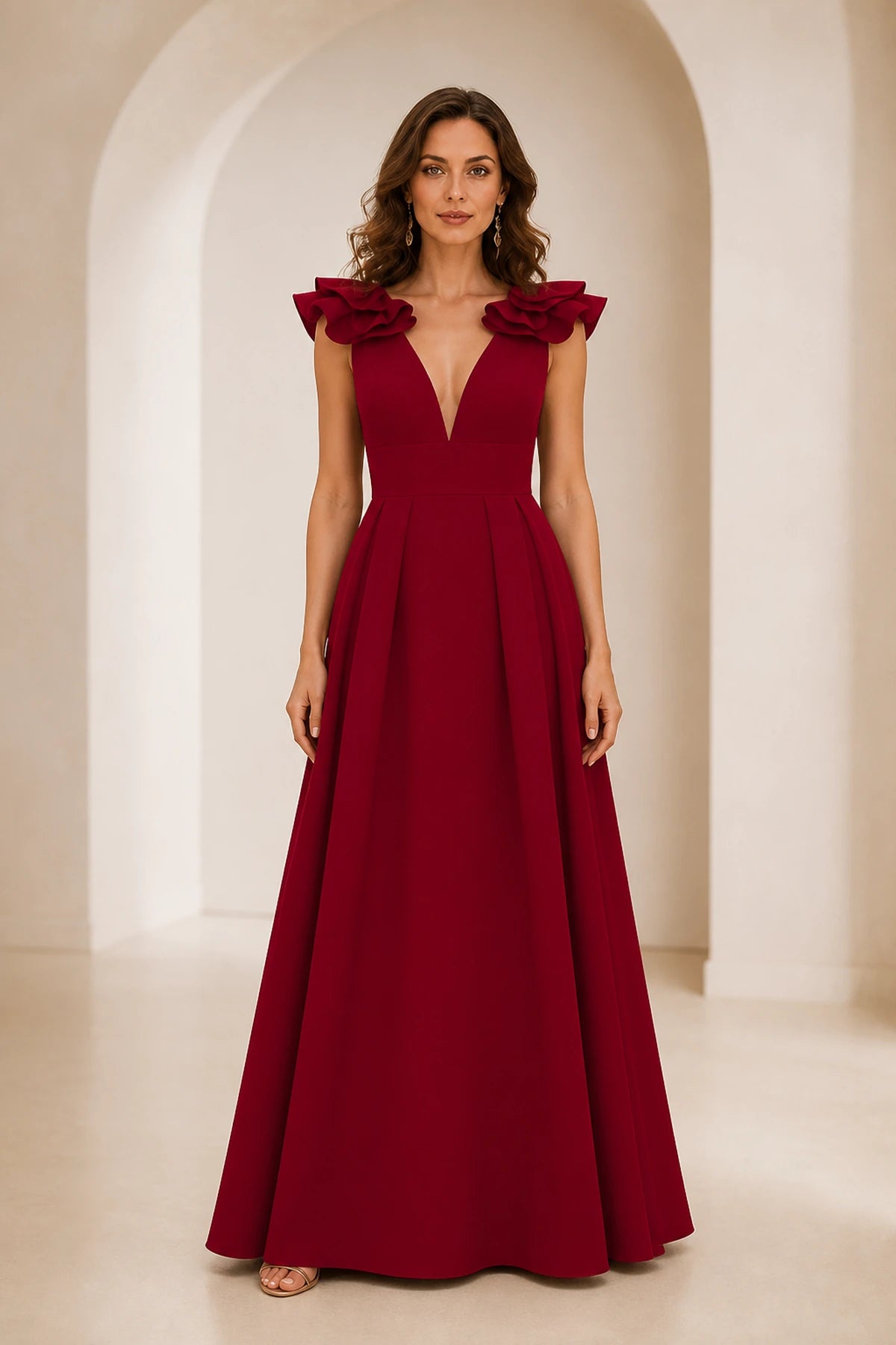 Radiant A Line Plunging V Neck Ruffle Sleeve V Back Long Prom Dress