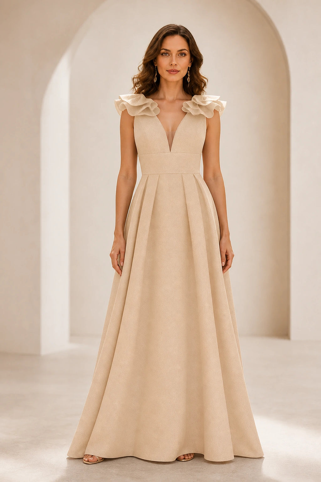 Radiant A Line Plunging V Neck Ruffle Sleeve V Back Long Prom Dress