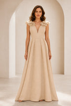 Radiant A Line Plunging V Neck Ruffle Sleeve V Back Long Prom Dress