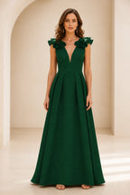 Radiant A Line Plunging V Neck Ruffle Sleeve V Back Long Prom Dress