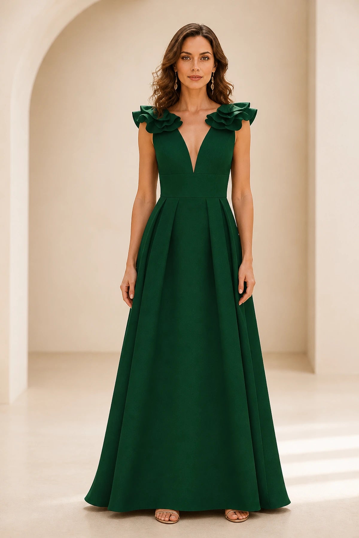 Radiant A Line Plunging V Neck Ruffle Sleeve V Back Long Prom Dress
