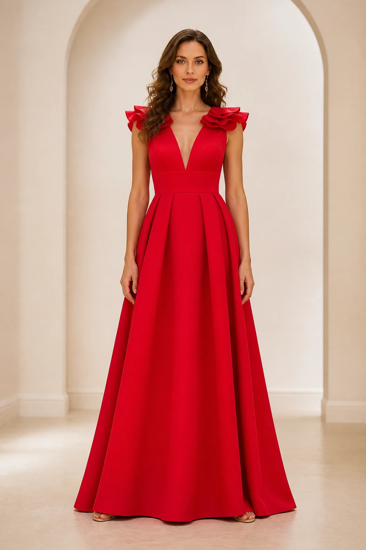 Radiant A Line Plunging V Neck Ruffle Sleeve V Back Long Prom Dress