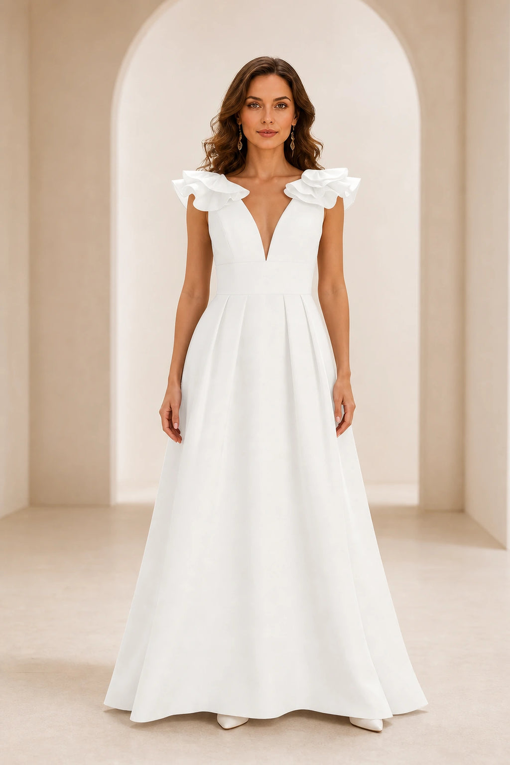 Radiant A Line Plunging V Neck Ruffle Sleeve V Back Long Prom Dress