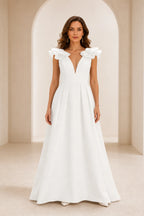 Radiant A Line Plunging V Neck Ruffle Sleeve V Back Long Prom Dress