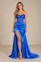 Elegant Strapless Corset Ruched Satin Train Long Prom Dress