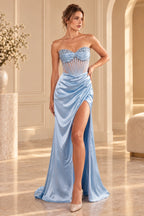 Elegant Strapless Corset Ruched Satin Train Long Prom Dress