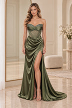 Elegant Strapless Corset Ruched Satin Train Long Prom Dress