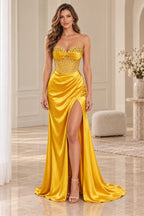 Elegant Strapless Corset Ruched Satin Train Long Prom Dress
