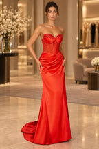 Elegant Strapless Corset Ruched Satin Train Long Prom Dress