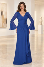 Royal blue V neck Mother of the Bride Dress with pleated bodice bell sleeves and floor length A line skirt
