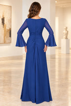 Royal blue Mother of the Bride Dress with ruched back detail long bell sleeves and elegant floor length silhouette