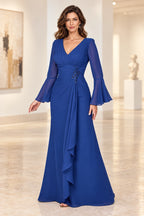 Elegant A Line V Neck Bell Sleeve Ruched Back Long Mother of the Bride Dress