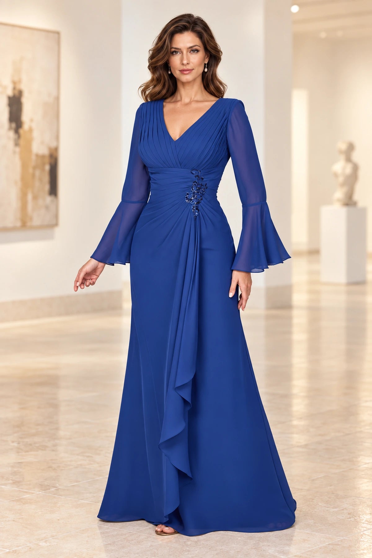 Elegant A Line V Neck Bell Sleeve Ruched Back Long Mother of the Bride Dress