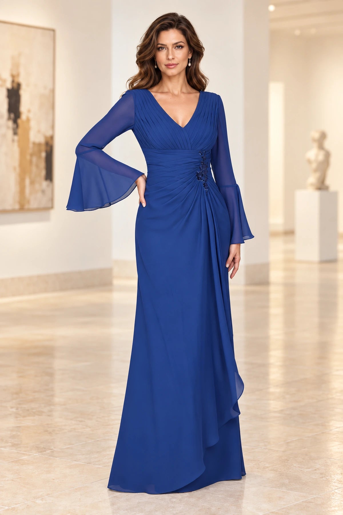 Elegant A Line V Neck Bell Sleeve Ruched Back Long Mother of the Bride Dress