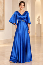 Royal blue mother of the bride dress with V-neck, flutter sleeves, pleated waist and floor-length A-line skirt