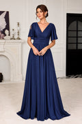 Royal blue Mother of the Bride Dress with V neckline flutter sleeves pleated bodice and floor length A-line skirt