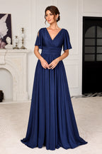 Royal blue Mother of the Bride Dress with V neckline flutter sleeves pleated bodice and floor length A-line skirt