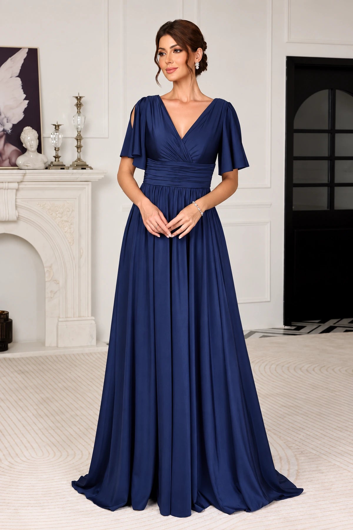 Royal blue Mother of the Bride Dress with V neckline flutter sleeves pleated bodice and floor length A-line skirt