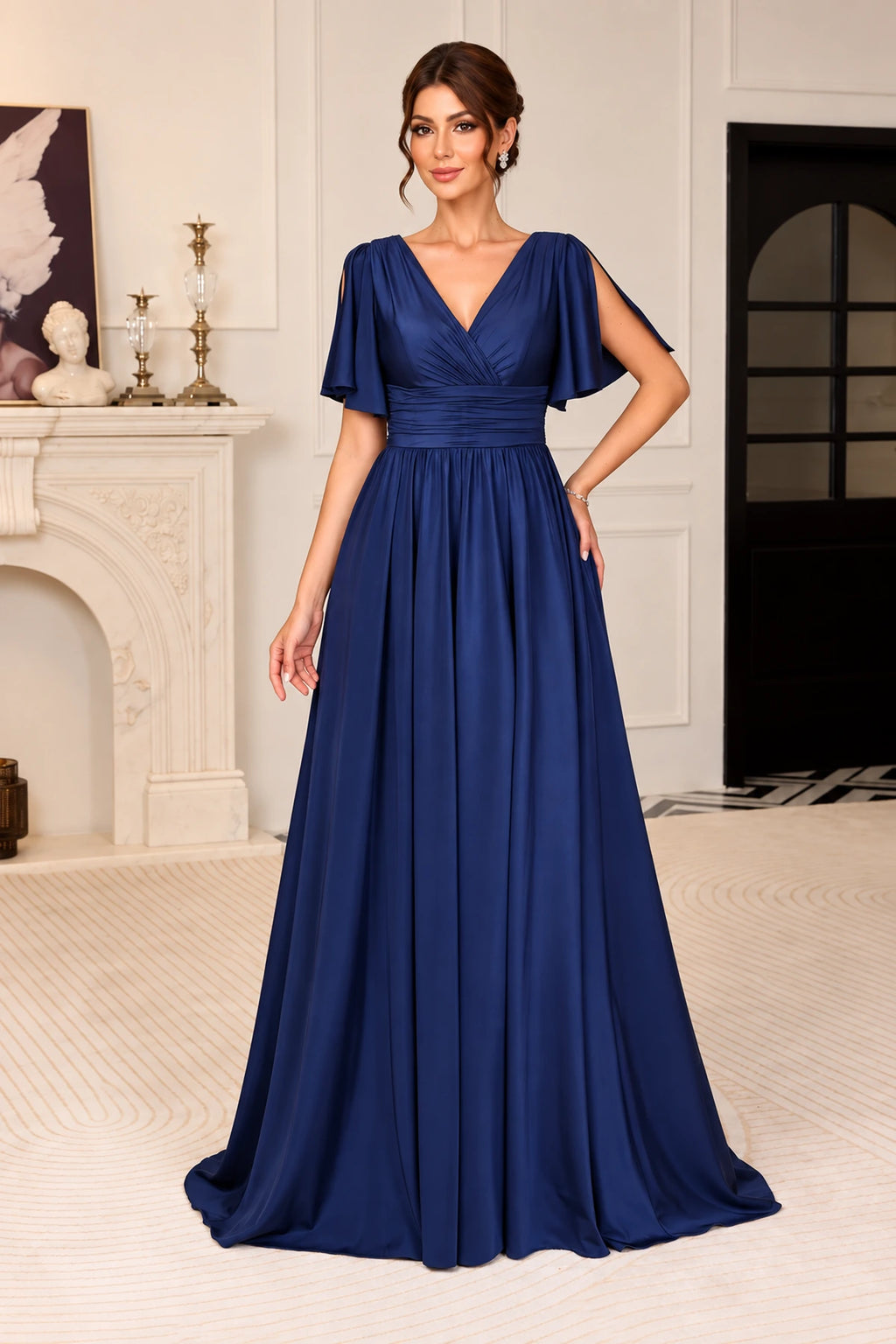 Graceful A-Line V-Neck Flutter Sleeve V-Back Long Mother of the Bride Dress