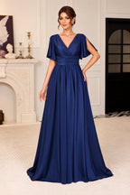 Graceful A-Line V-Neck Flutter Sleeve V-Back Long Mother of the Bride Dress