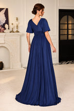 Royal blue Mother of the Bride Dress with V back flutter sleeves ruched waistband and flowing floor length skirt