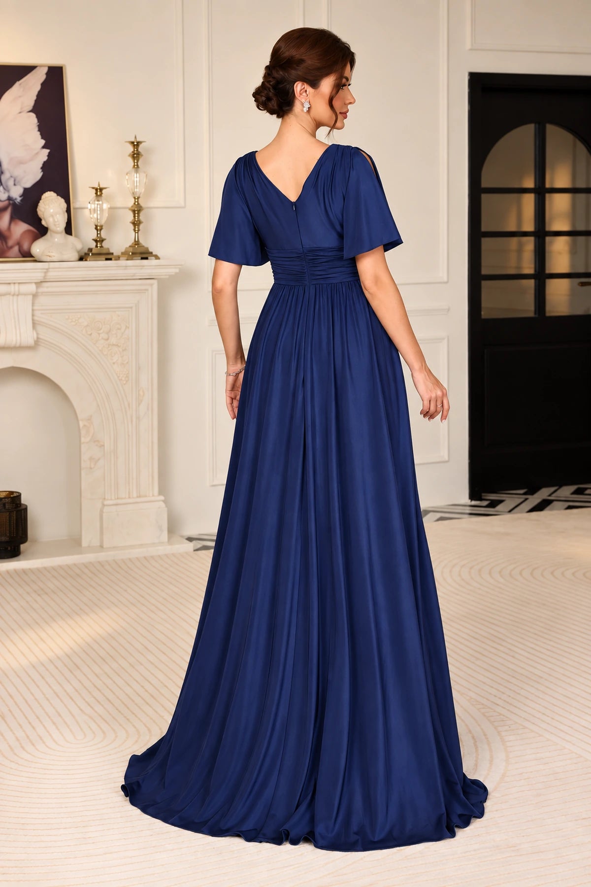 Royal blue Mother of the Bride Dress with V back flutter sleeves ruched waistband and flowing floor length skirt