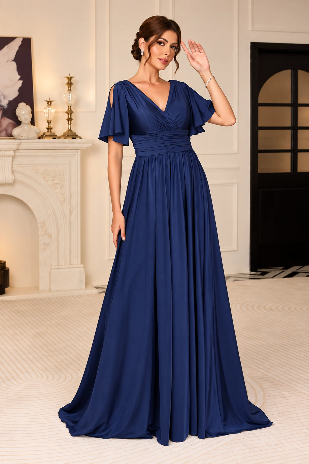 Graceful A-Line V-Neck Flutter Sleeve V-Back Long Mother of the Bride Dress
