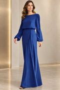 Royal blue mother of the bride dress with V neckline long sleeves and flowing A line skirt