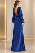Royal blue mother of the bride dress with open V back lace sleeve details and long skirt