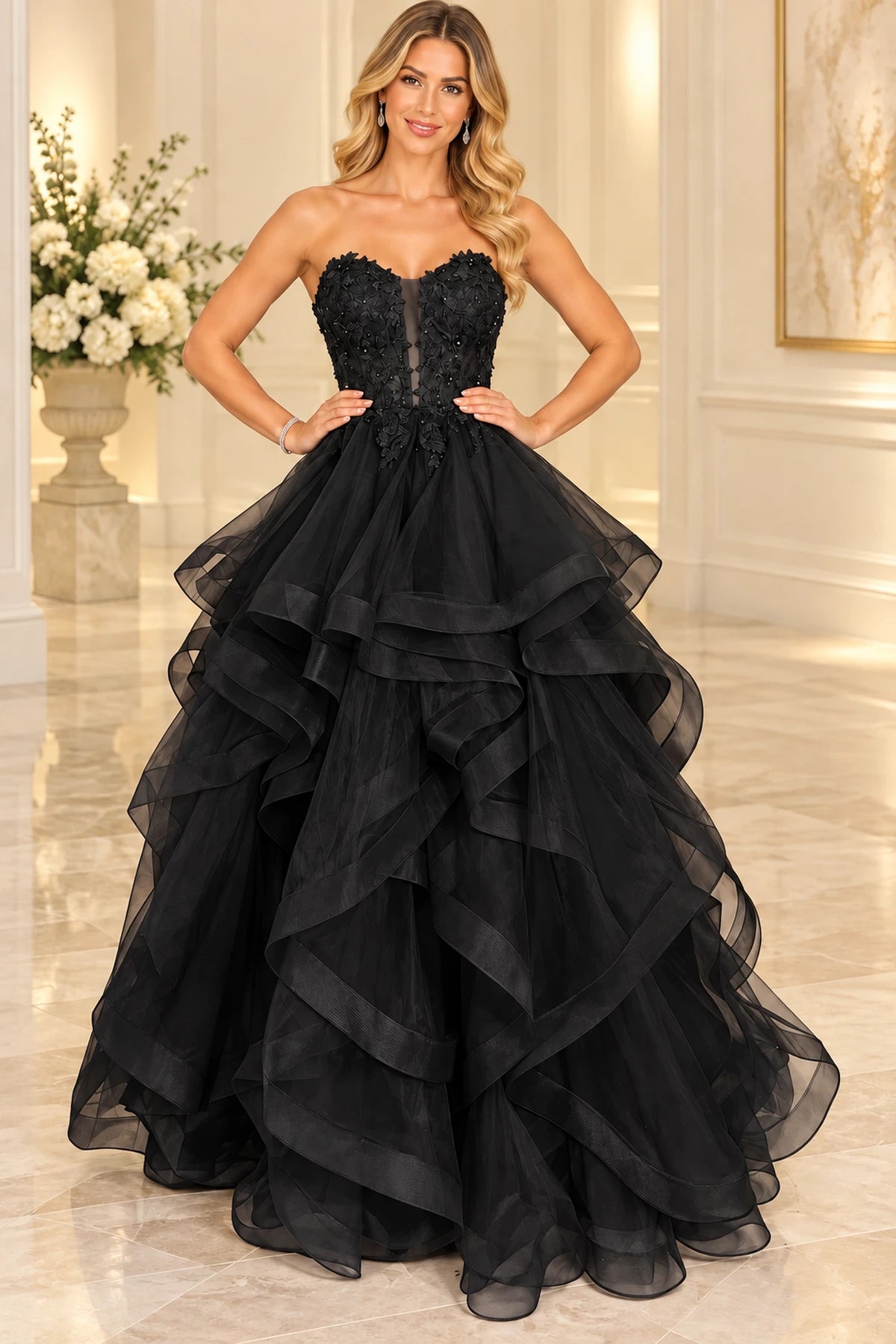 Romantic Tulle Ball Gown Sweetheart Sleeveless Lace-Up Floor-Length Prom Dress
