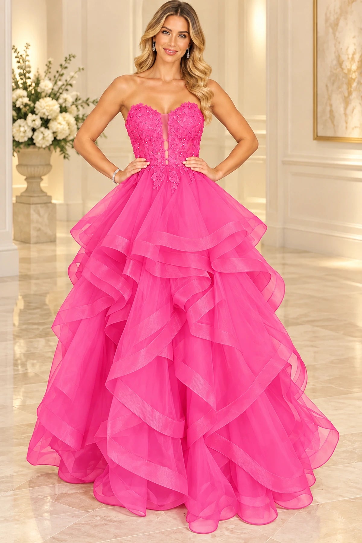Romantic Tulle Ball Gown Sweetheart Sleeveless Lace-Up Floor-Length Prom Dress