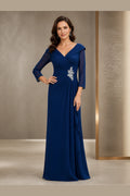 Royal blue Mother of the Bride dress with V-neck, sheer three-quarter sleeves, pleated bodice, beaded waist detail, draped side panel and zip back, front and back view by Vedress