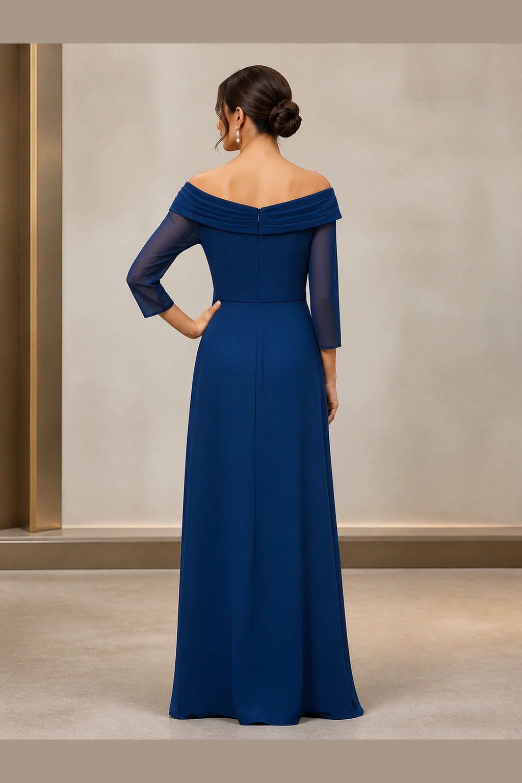 Royal blue Mother of the Bride dress with V-neck, sheer three-quarter sleeves, pleated bodice, beaded waist detail, draped side panel and zip back, front and back view by Vedress