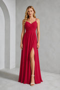Ruby red A-line V-neck spaghetti strap long prom dress with front slit and bow back, front and back view by Vedress