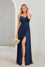 Romantic A-Line V-Neck Spaghetti-Strap Bow-Back Long Prom Dress