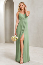 Romantic A-Line V-Neck Spaghetti-Strap Bow-Back Long Prom Dress